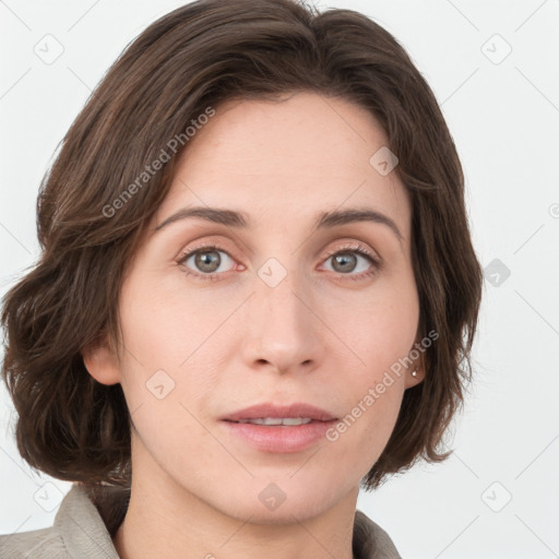 Neutral white young-adult female with medium  brown hair and grey eyes