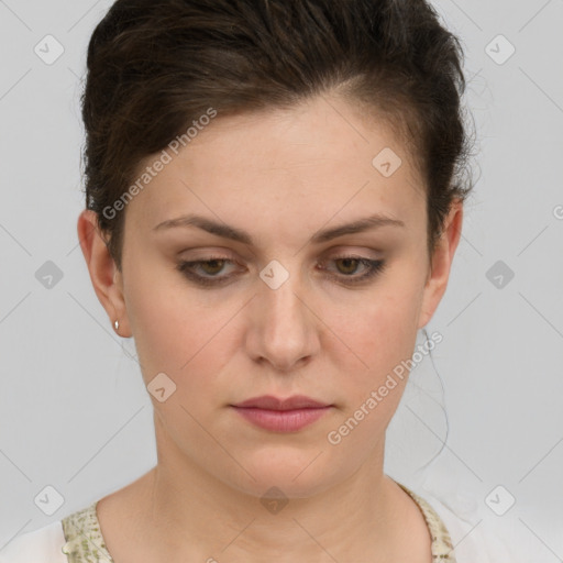 Neutral white young-adult female with short  brown hair and brown eyes