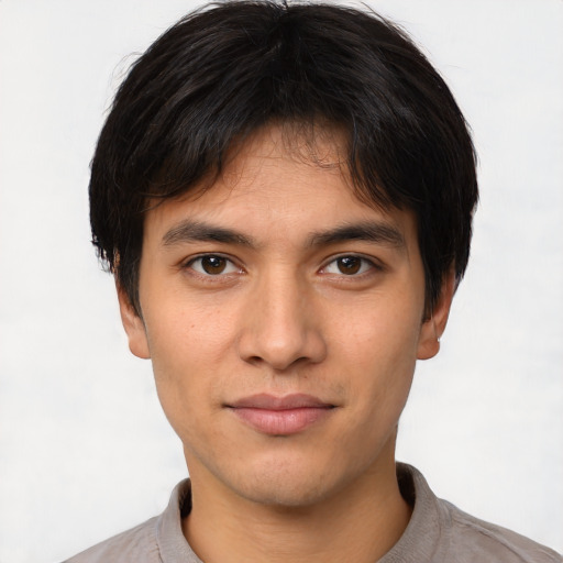 Neutral asian young-adult male with short  brown hair and brown eyes