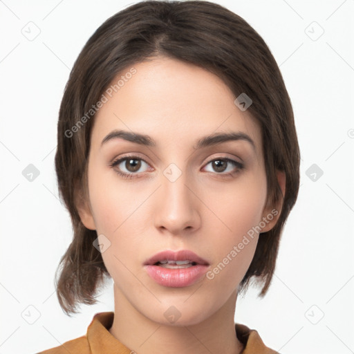 Neutral white young-adult female with medium  brown hair and brown eyes