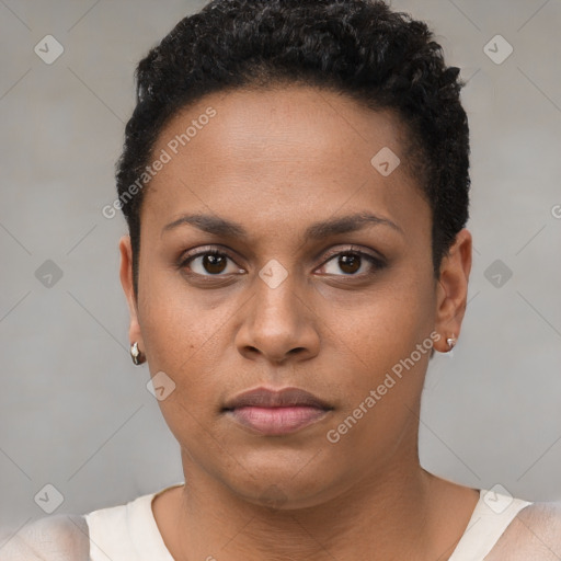 Neutral black young-adult female with short  brown hair and brown eyes