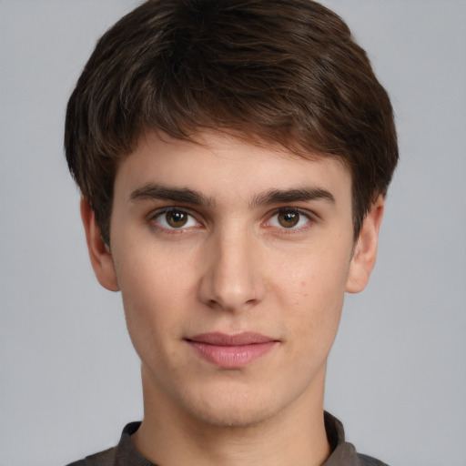 Neutral white young-adult male with short  brown hair and brown eyes