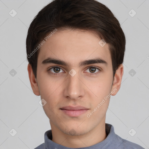 Neutral white young-adult male with short  brown hair and brown eyes