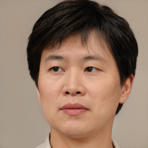 Joyful asian adult male with short  brown hair and brown eyes