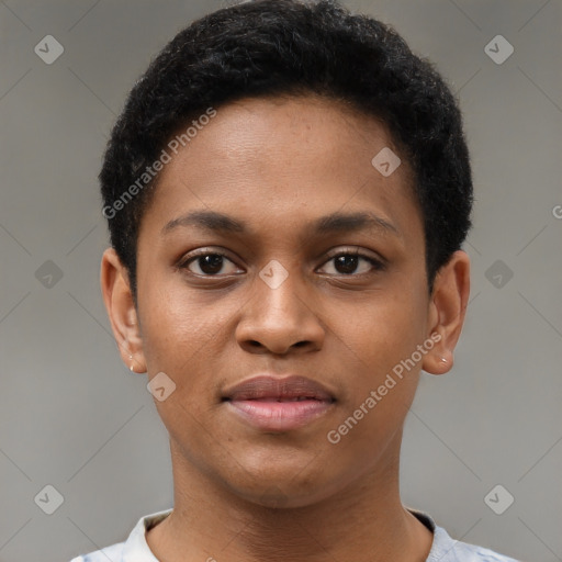 Joyful black young-adult female with short  brown hair and brown eyes