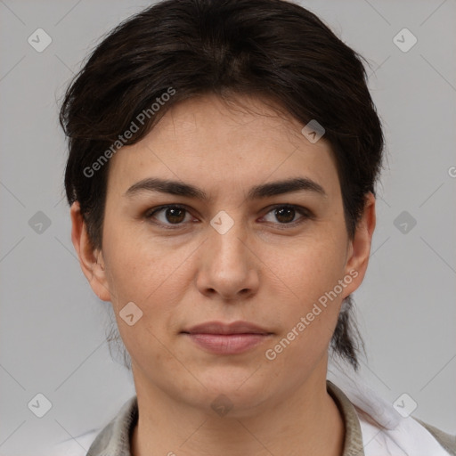 Joyful white young-adult female with medium  brown hair and brown eyes