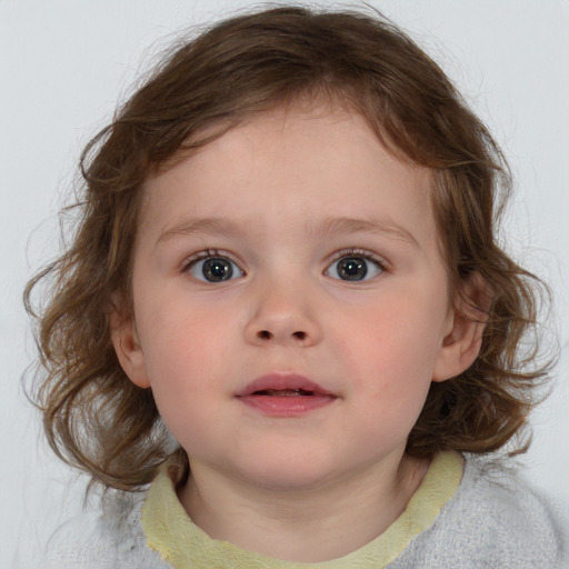 Neutral white child female with medium  brown hair and blue eyes