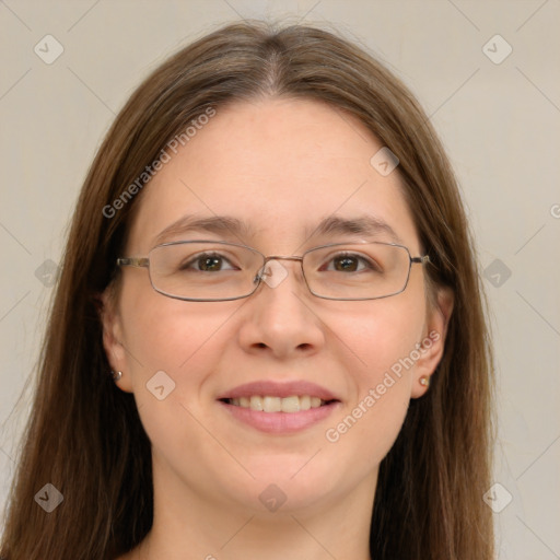 Joyful white young-adult female with long  brown hair and green eyes