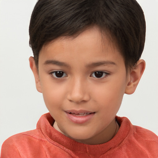 Joyful white child female with short  brown hair and brown eyes