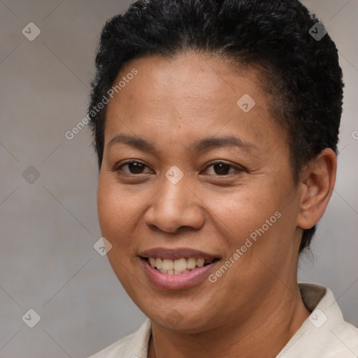 Joyful white adult female with short  brown hair and brown eyes