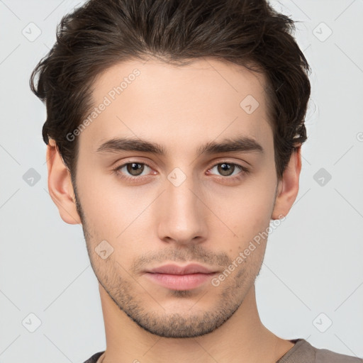 Neutral white young-adult male with short  brown hair and brown eyes