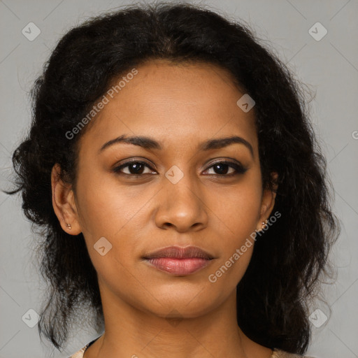 Joyful black young-adult female with medium  brown hair and brown eyes