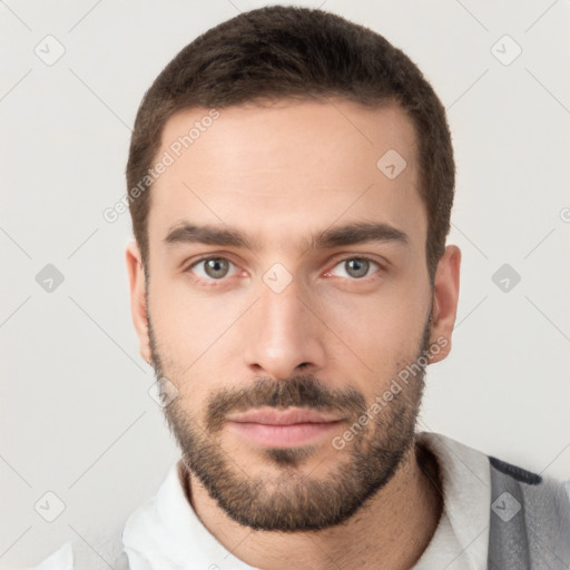 Neutral white young-adult male with short  brown hair and brown eyes