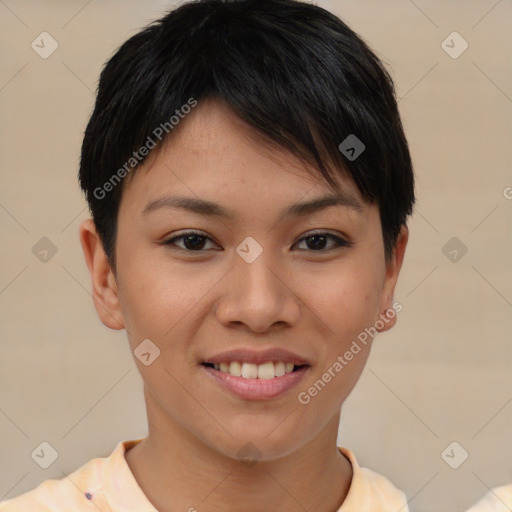 Joyful asian young-adult female with short  brown hair and brown eyes