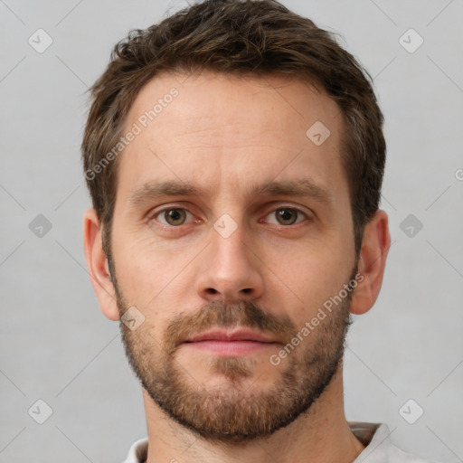 Neutral white young-adult male with short  brown hair and brown eyes