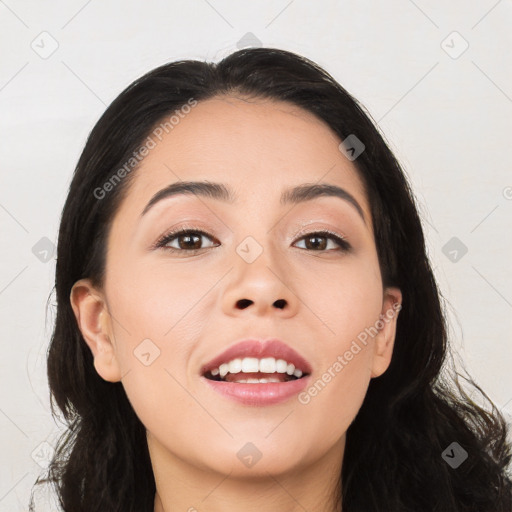 Joyful asian young-adult female with long  brown hair and brown eyes