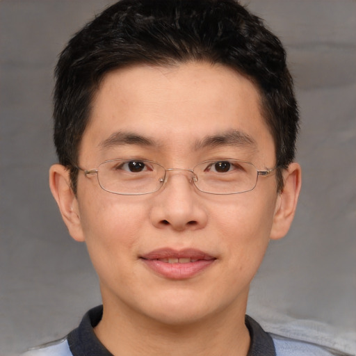 Joyful asian adult male with short  brown hair and brown eyes