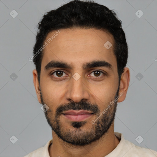 Neutral latino young-adult male with short  black hair and brown eyes