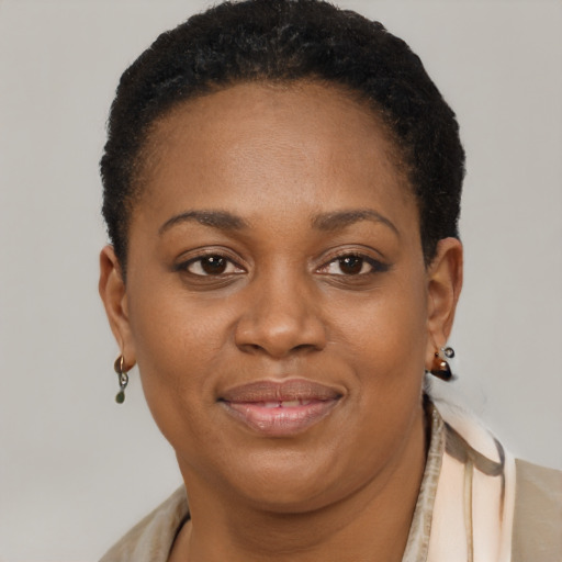 Joyful black young-adult female with short  brown hair and brown eyes