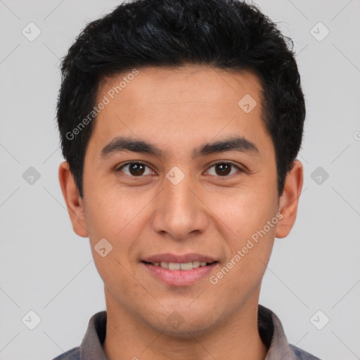 Joyful latino young-adult male with short  black hair and brown eyes