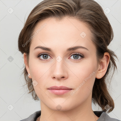 Neutral white young-adult female with medium  brown hair and grey eyes