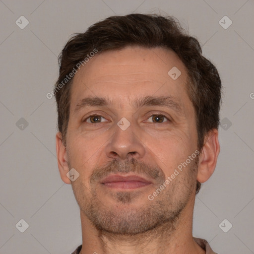 Neutral white adult male with short  brown hair and brown eyes