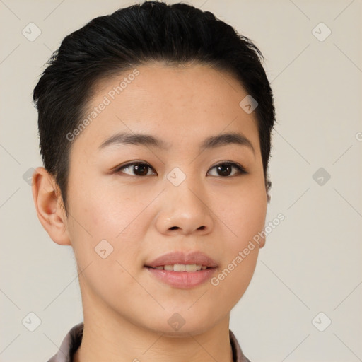 Joyful asian young-adult female with short  black hair and brown eyes