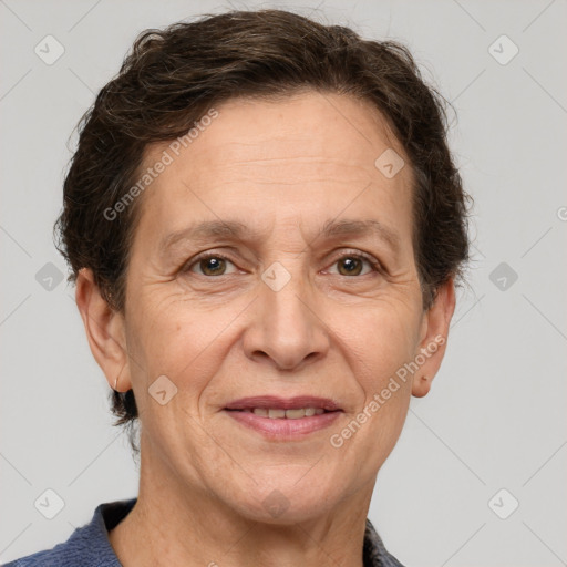 Joyful white adult female with short  brown hair and brown eyes