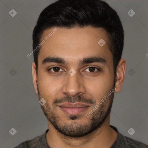 Joyful latino young-adult male with short  black hair and brown eyes