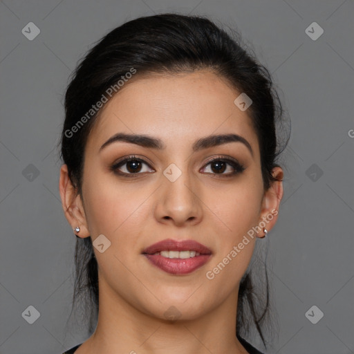 Joyful latino young-adult female with long  brown hair and brown eyes