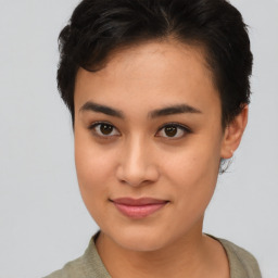 Joyful asian young-adult female with short  brown hair and brown eyes