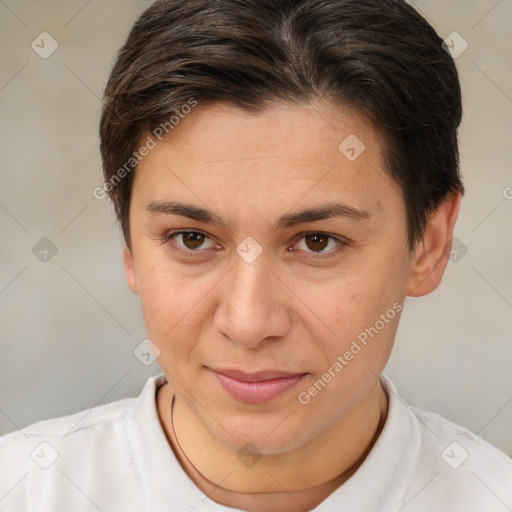 Joyful white young-adult female with short  brown hair and brown eyes