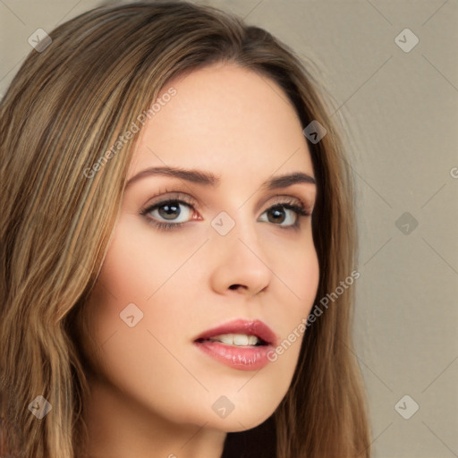 Neutral white young-adult female with long  brown hair and brown eyes