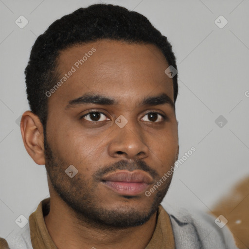 Neutral latino young-adult male with short  black hair and brown eyes