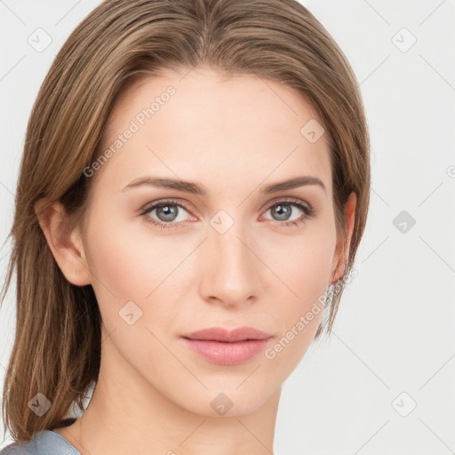 Neutral white young-adult female with long  brown hair and grey eyes