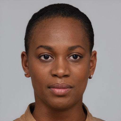 Neutral black young-adult female with short  brown hair and brown eyes