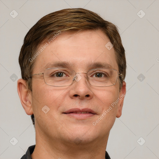 Joyful white adult male with short  brown hair and grey eyes