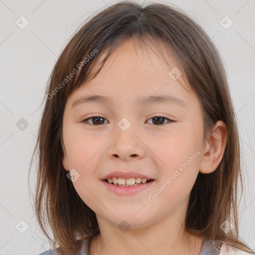 Joyful white child female with medium  brown hair and brown eyes