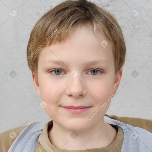 Joyful white child female with short  brown hair and grey eyes