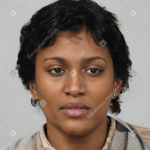 Neutral black young-adult female with short  brown hair and brown eyes