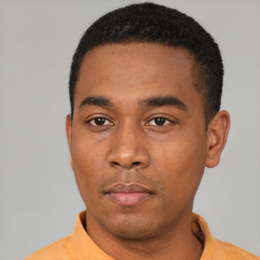 Neutral black young-adult male with short  black hair and brown eyes