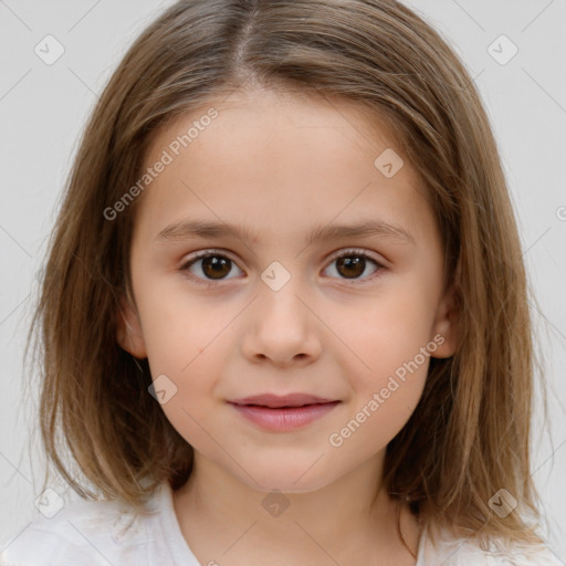 Joyful white child female with medium  brown hair and brown eyes