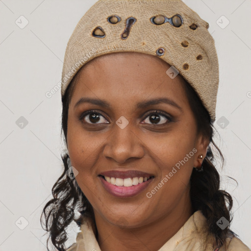 Joyful black young-adult female with medium  brown hair and brown eyes