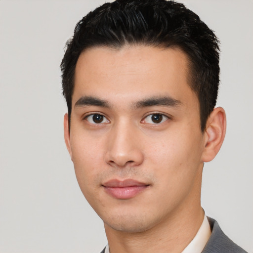 Neutral asian young-adult male with short  black hair and brown eyes