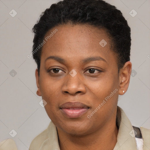 Joyful black young-adult female with short  black hair and brown eyes