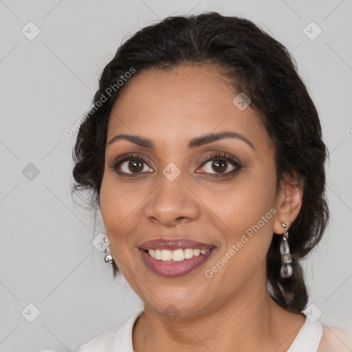 Joyful latino young-adult female with medium  brown hair and brown eyes