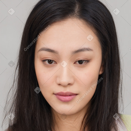 Neutral asian young-adult female with long  brown hair and brown eyes