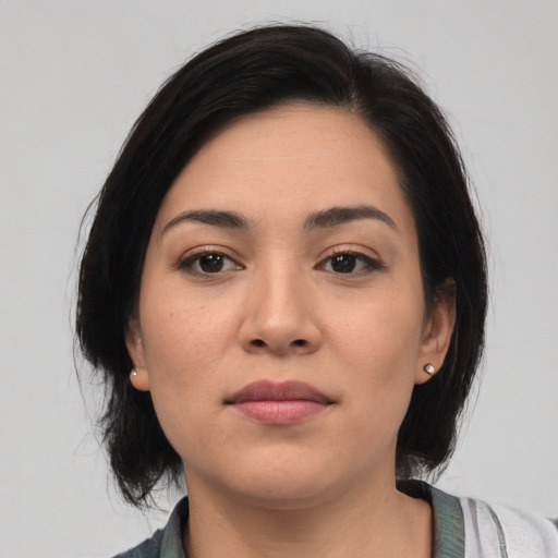 Neutral asian young-adult female with medium  black hair and brown eyes