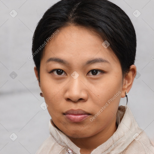 Neutral asian young-adult female with short  brown hair and brown eyes