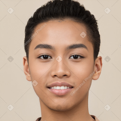 Joyful white young-adult male with short  brown hair and brown eyes